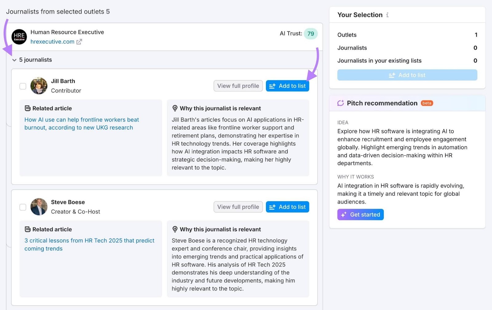 A list of journalists writing for a media publication along with the "Add to list" button clicked on the AI PR Toolkit.