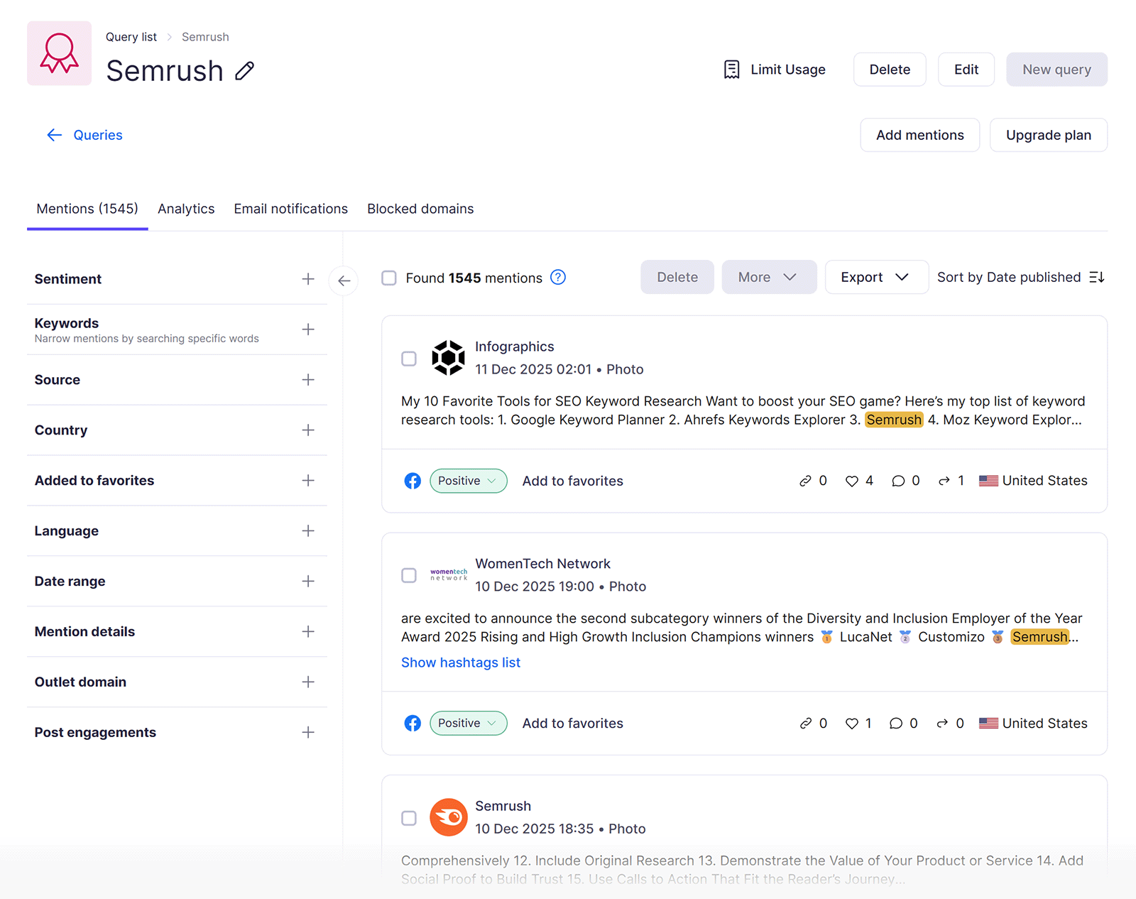 Semrush Brand Mentions dashboard showing recent mentions, sentiment, source filters, and highlighted brand references.