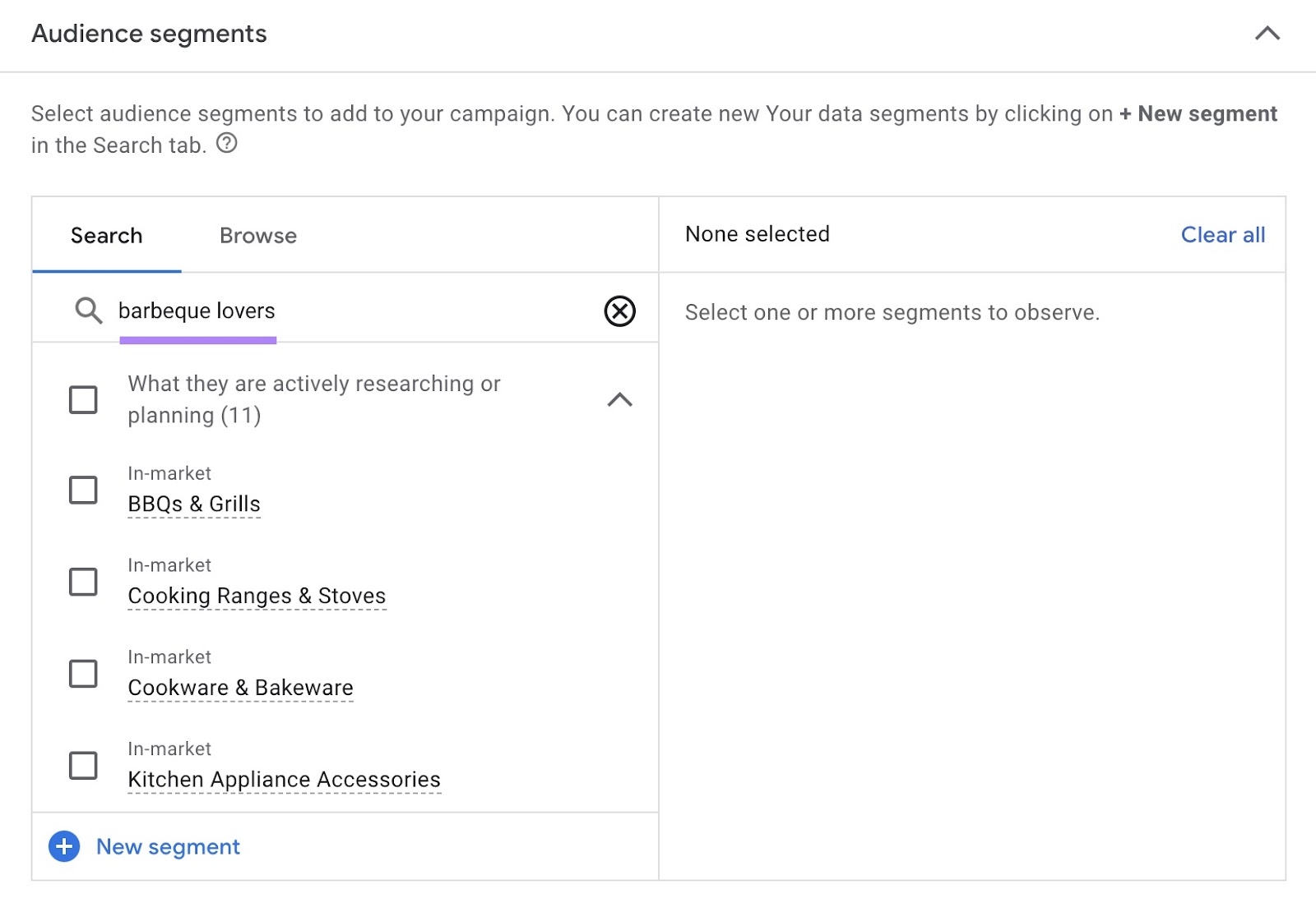 Audience segments settings on Google Ads with "barbeque lovers" entered showing related audience segments to target.