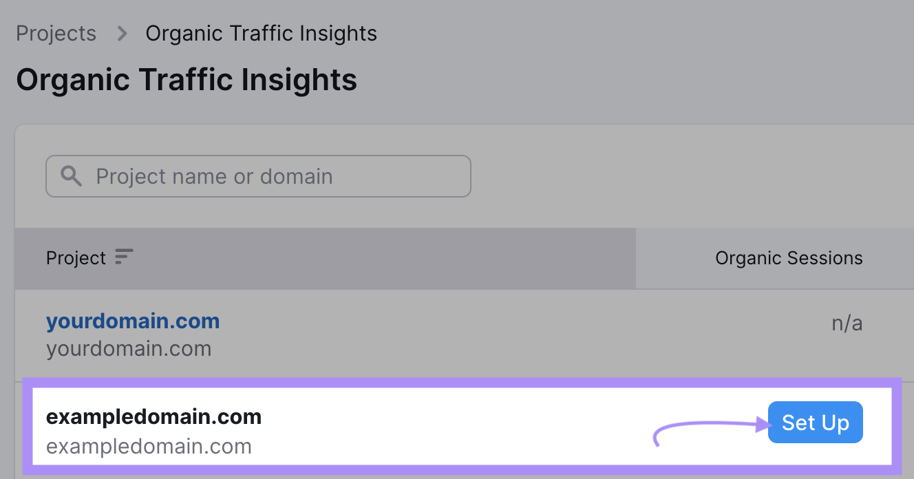 "Set Up" button highlighted next to "exampledomain.com" project