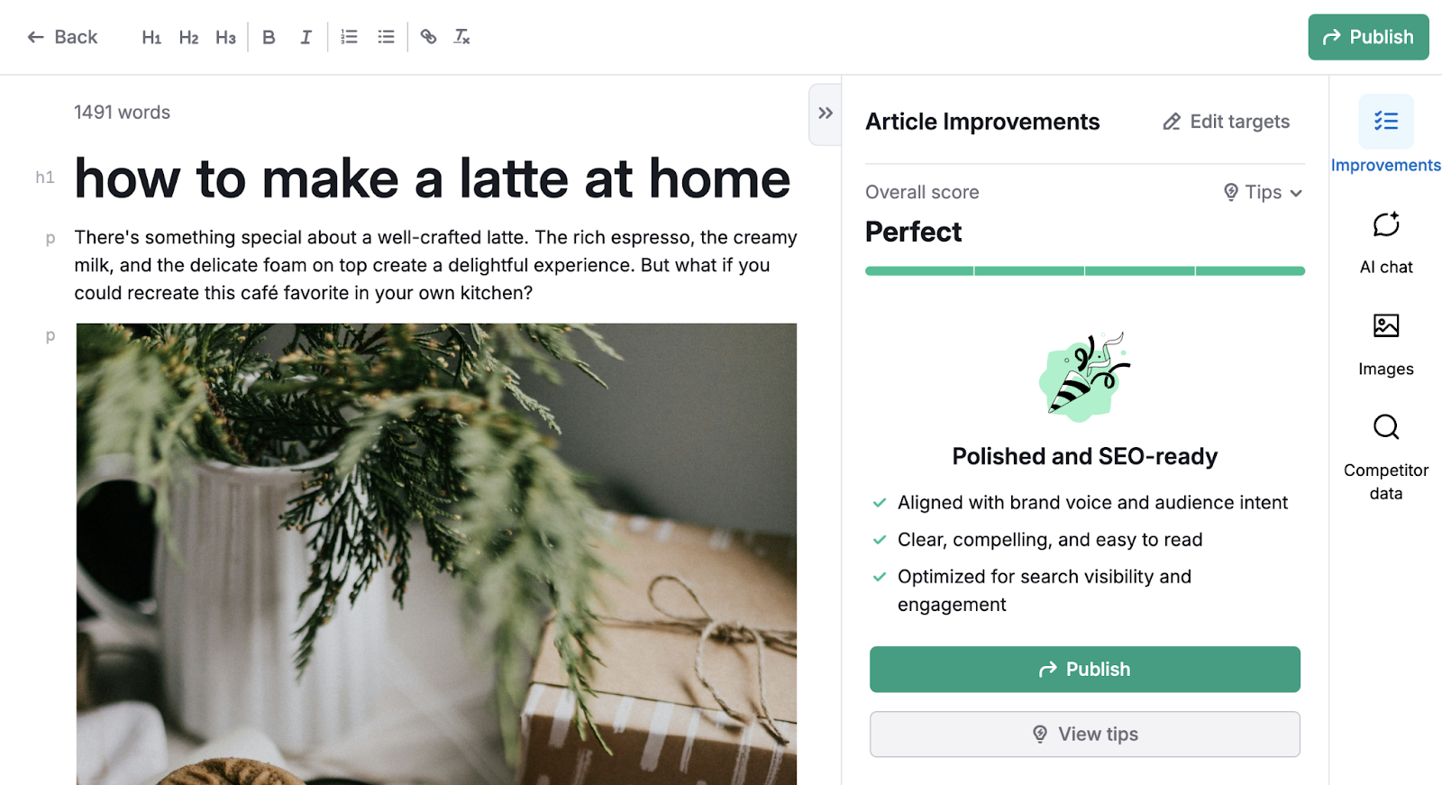 AI copy appears in the text editor with a perfect score, ready to publish.