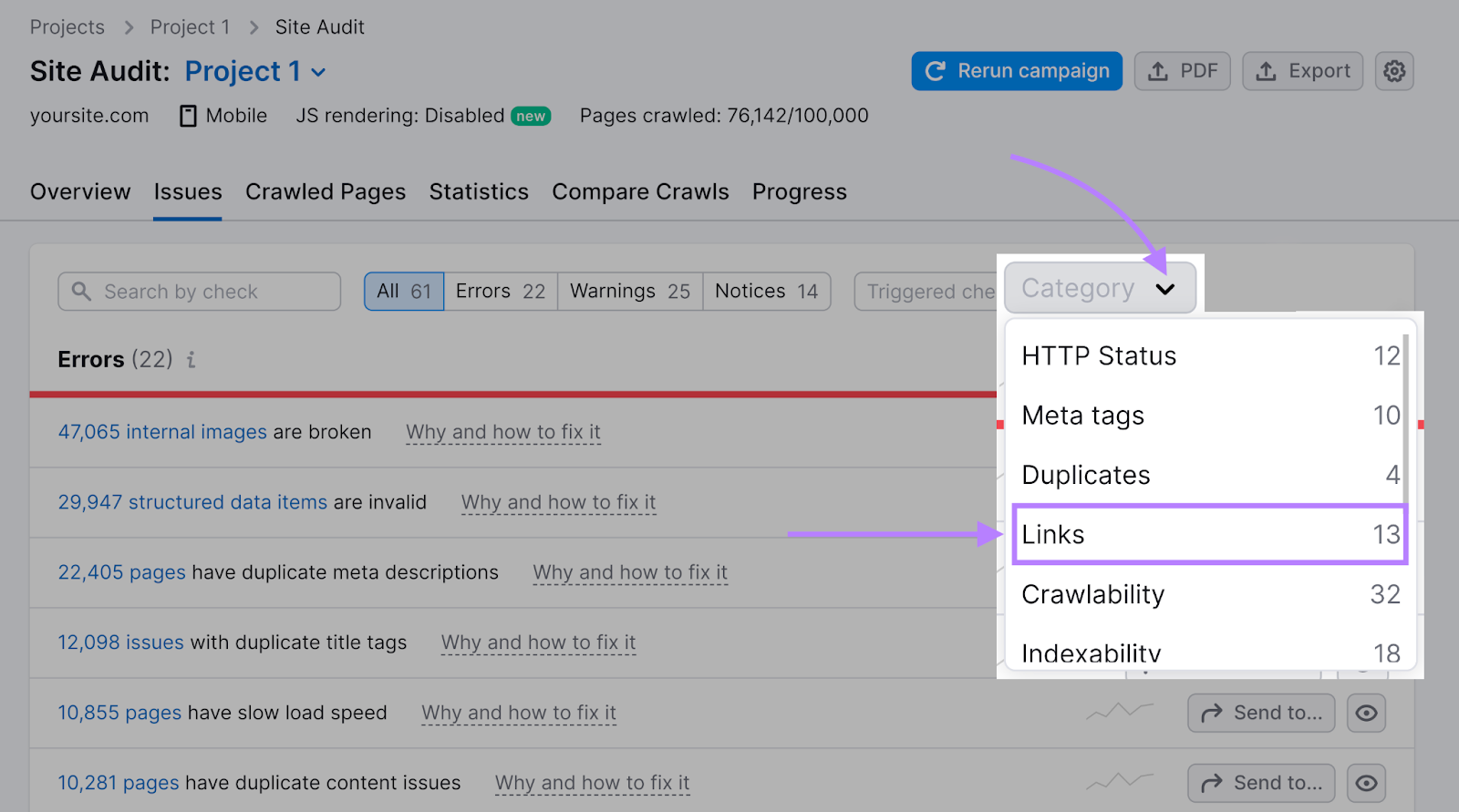 Navigation to Links in Site Audit tool