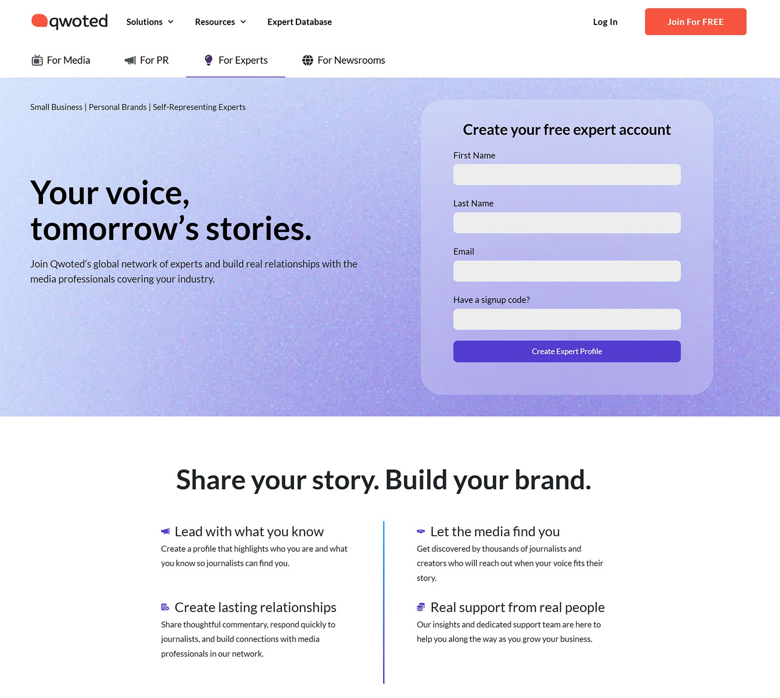 Qwoted signup page with a form to create an expert account.