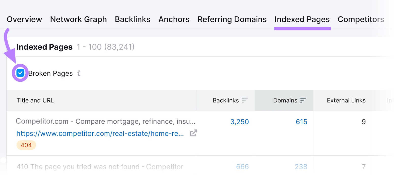 “Broken Pages” filter applied under the "Indexed Pages" tab