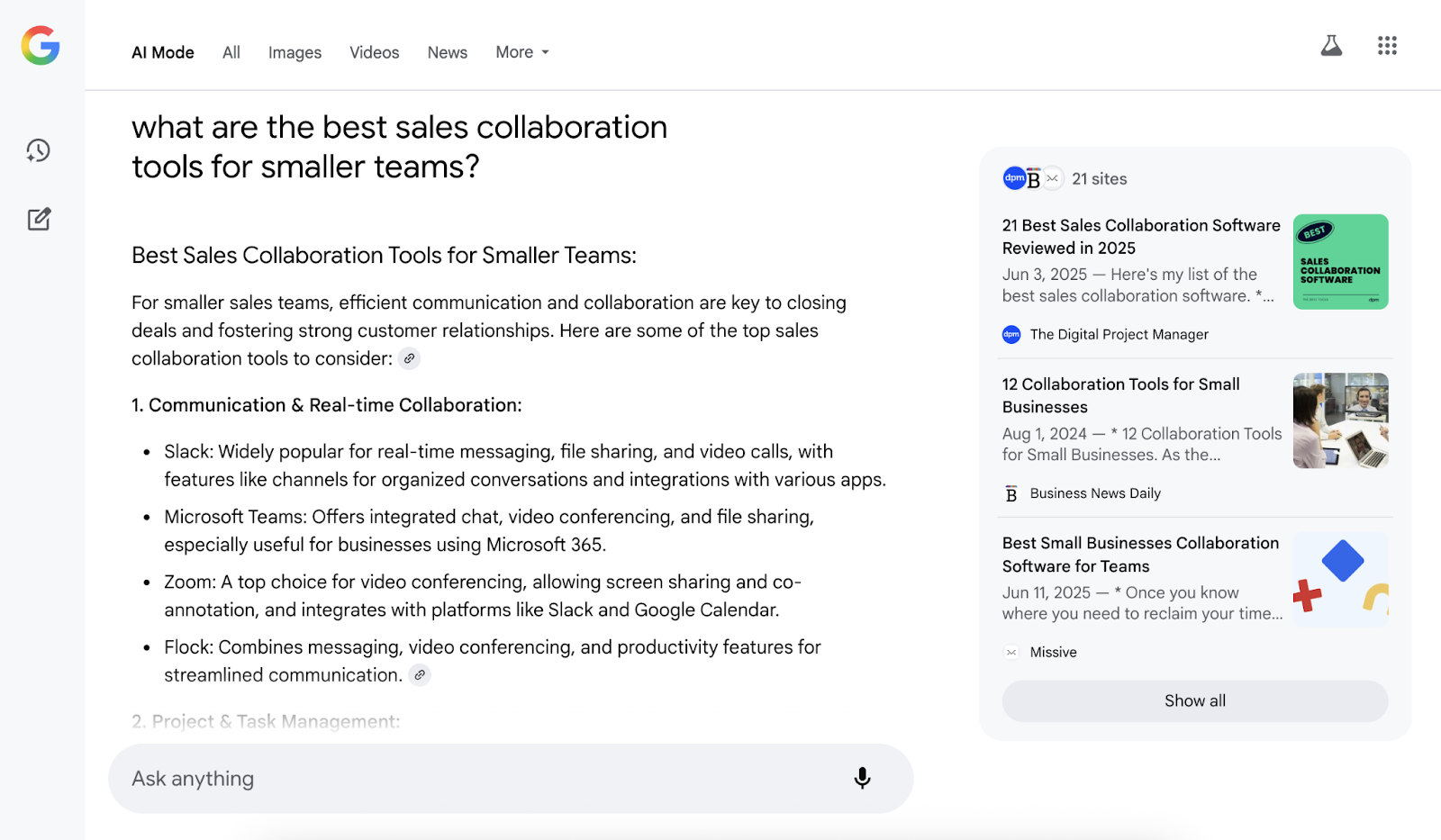 Google's AI Mode provides a complete answer to a specific question.