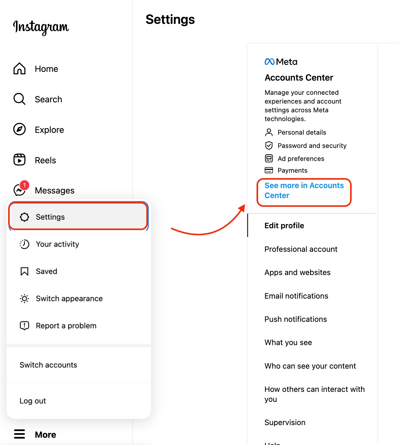 Instagram Settings with the "See more in Accounts Center" button highlighted.