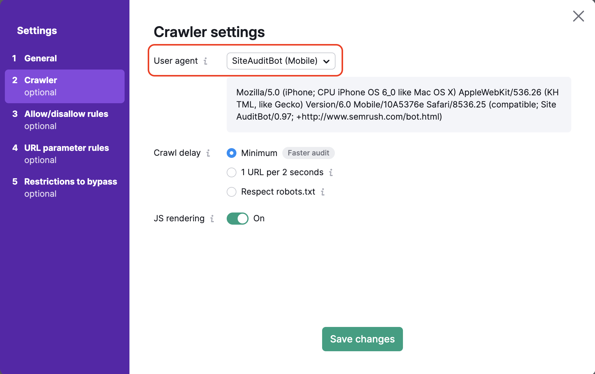 Site Audit settings menu with the second tab, Crawler, open. The User agent section is highlighted, showing SiteAuditBot-Mobile selected as the active option.