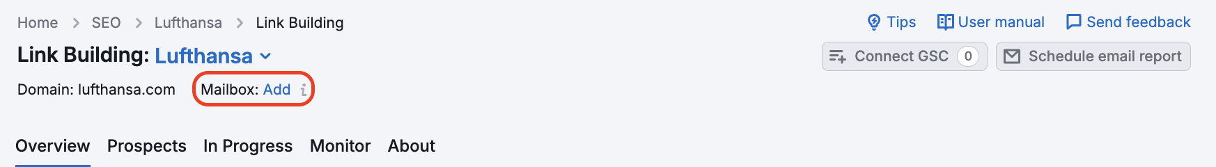 The Link Building tool is displayed with the option to add a mailbox highlighted.