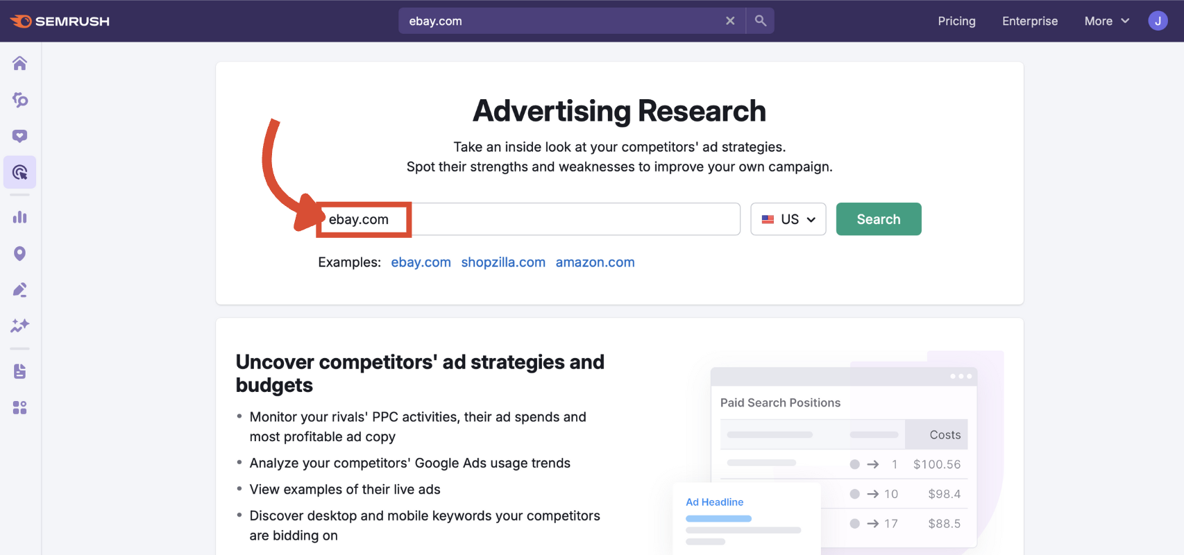 Search bar in Advertising Research with a domain entered.