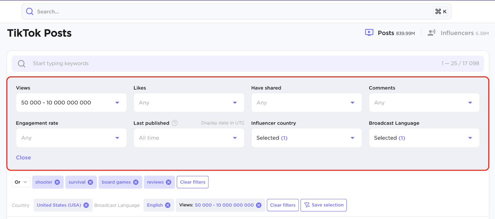 An example of filters in Search by keywords page for TikTok Posts.